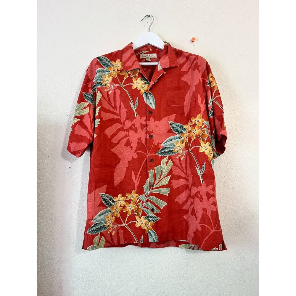 Tommy Bahama Mens Red Hawaiian Floral Silk Button-Up Shirt Large Short Sleeve
